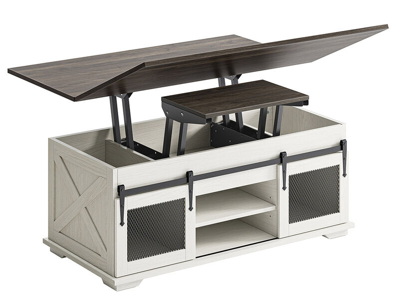 BELLEZE Lift Top Coffee Table, 44" Farmhouse Coffee Table with Storage & Sliding Barn Doors, 3 in 1 Multi-Function Coffee Table for Living Room, Dining Reception Room, Lawson - White Sand