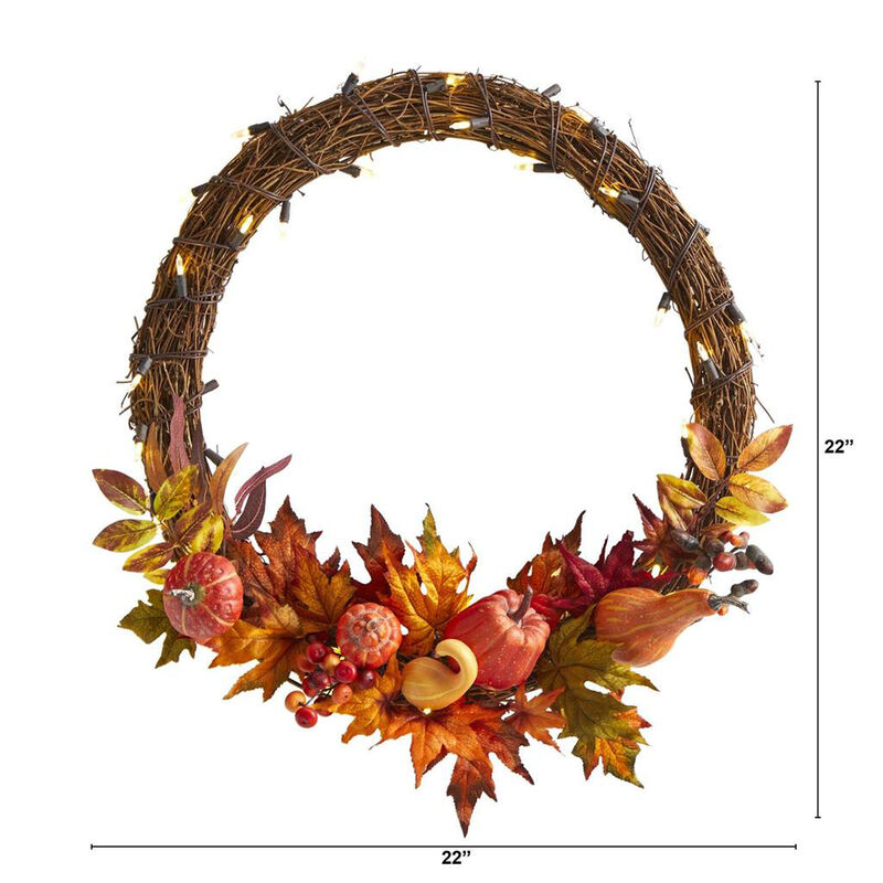 Nearly Natural 22-in Pumpkin and Maple  Autumn Wreath w/50 White LED Lights image number 5