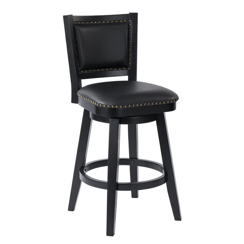 Kera Swivel Barstool Chair, Black Wood, Faux Leather, Nailhead Trim - Benzara