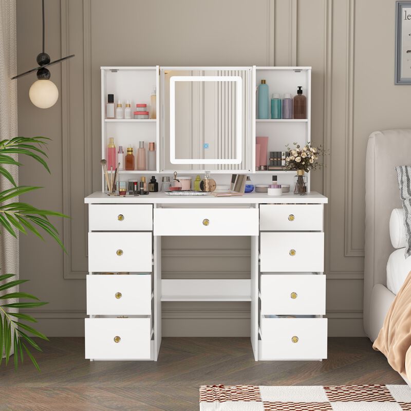 FUFU&GAGA Modern White Makeup Vanity Desk with 9 Drawers, LED Lighted 3 Mirrors, and Hidden Storage Shelves, (43.3 in. L x 19.7 in. W x 53.8 in. H), White