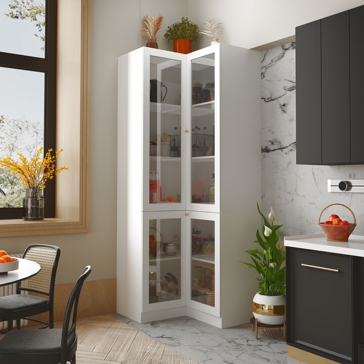White Wood 44.5 in. W Corner Sideboard Accent Storage Curio Cabinet Bookcase with Acrylic Glass Doors