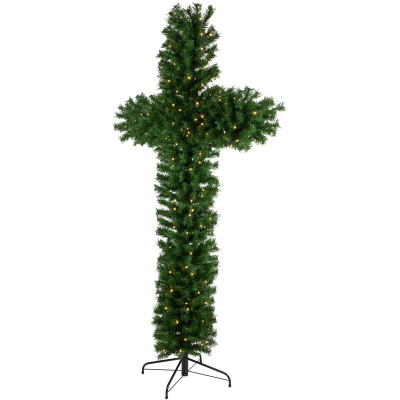 7' Pre-Lit Artificial Pine Christmas Cross - Warm White LED Lights