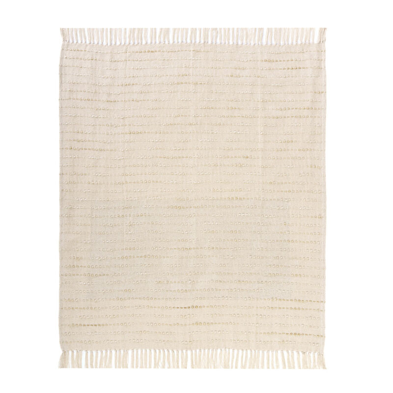 HomeRoots 50" X 60" White and Beige Cotton Blend Woven Striped Throw Blanket with Fringe image number 0