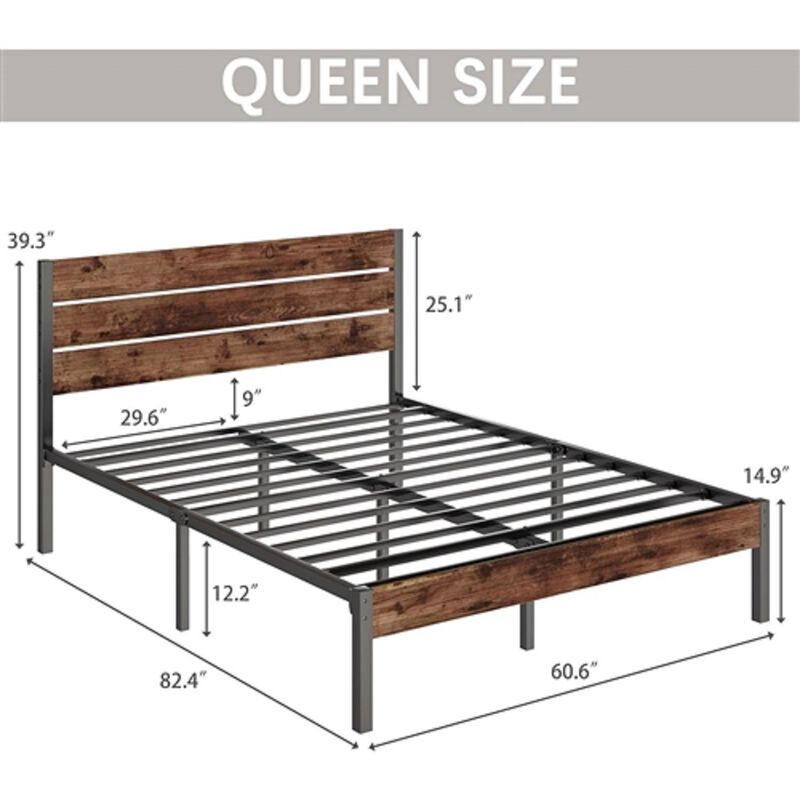 Rustic Modern Farmhouse Platform Bed &ndash; Metal Frame with Wood Headboard for Stylish Comfort