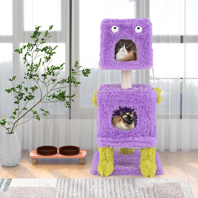 Compact Monster-Themed Cat Tower with 2 Private Condos for Small Spaces