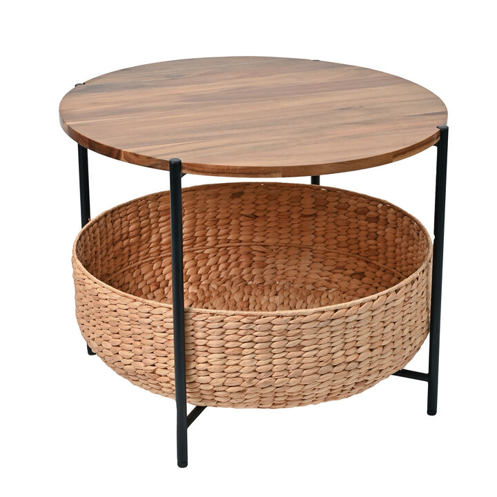 Carly 24.21" Modern Coastal Round Acacia Wood/Water Hyacinth Coffee Table with Storage Basket