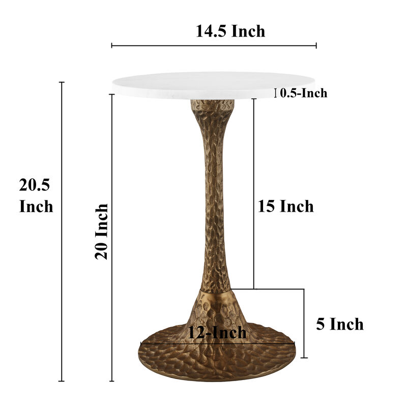 Tyler 20.5 Inch Accent Side Table, Round White Marble Top, Antique Brass Hammered Pedestal Base