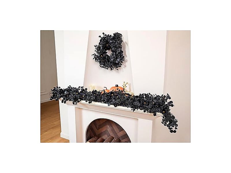6 Ft Black Halloween Garland 10 Roses Berry Eucalyptus Artificial 10 Big Rose image number 2