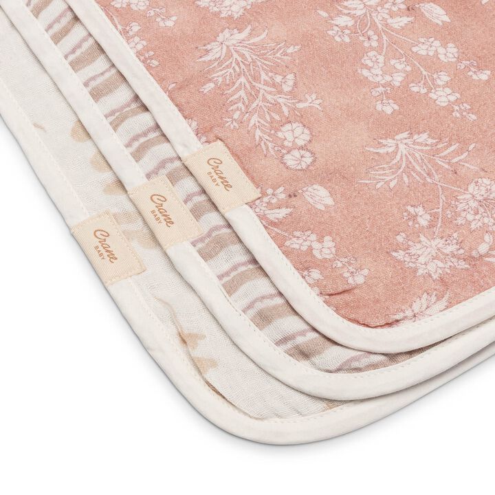 Violet Floral Cotton Muslin Baby Burp Cloth Set (3 Pack)