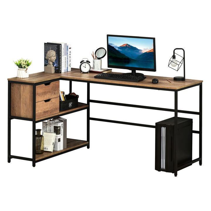 HOMCOM L-Shaped Home Offie Computer Desk with Storage Shelves, 2 Dawers and Industrial Steel Frame, Black/Brown