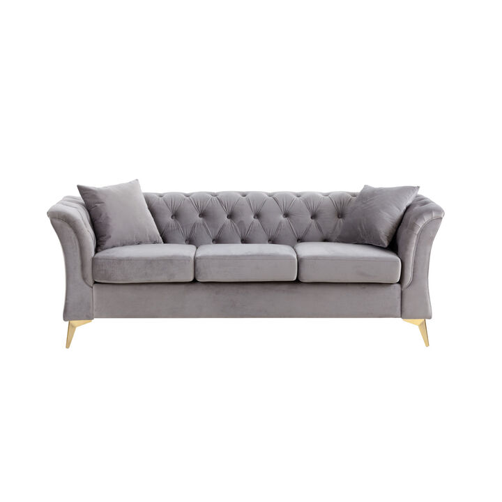 Modern Chesterfield Curved Sofa Tufted Velvet Couch 3 Seat Button Tufted Couch with Scroll Arms and Gold Metal Legs Grey
