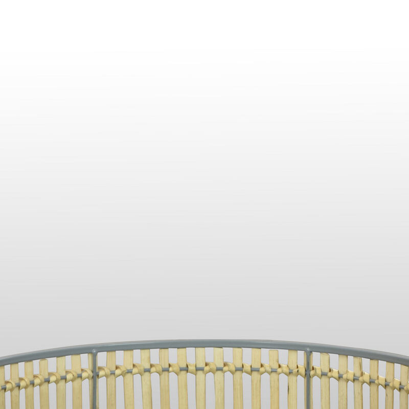 Elpis Wall Mirror Decor with Woven Shelf,  20 Inch Tall, Gray Metal - Benzara