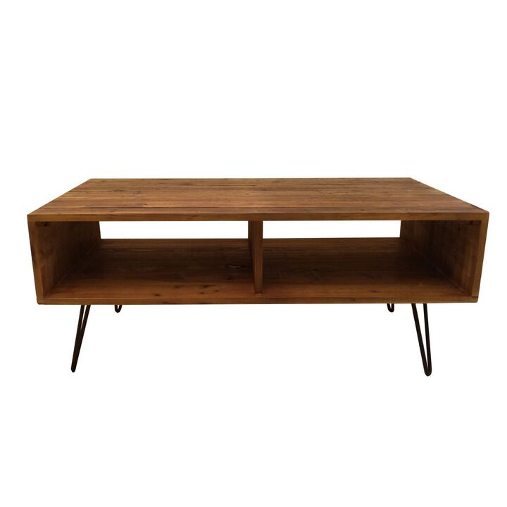 42 Inch Modern Cocktail Coffee Table with Open Compartments, Brown Wood Top-Benzara