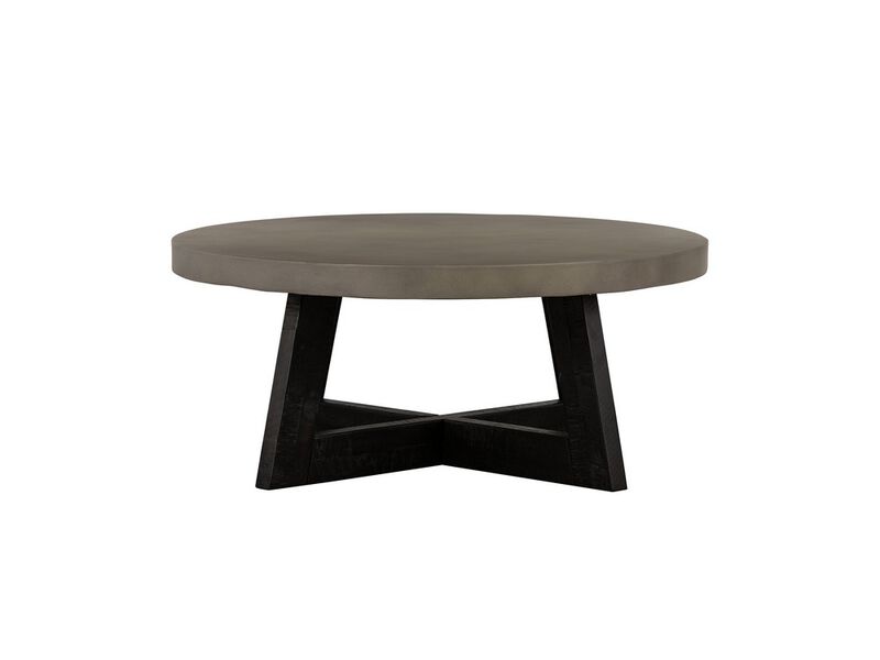 Concrete Round Top Coffee Table with X Shaped Base, Gray - Benzara image number 1