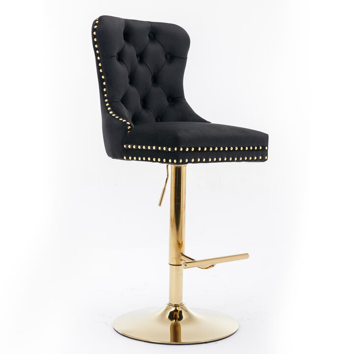 Hivvago Set of 2 Height Adjustable Upholstered Tufted Velvet Armless Bar Stools with Gold Details