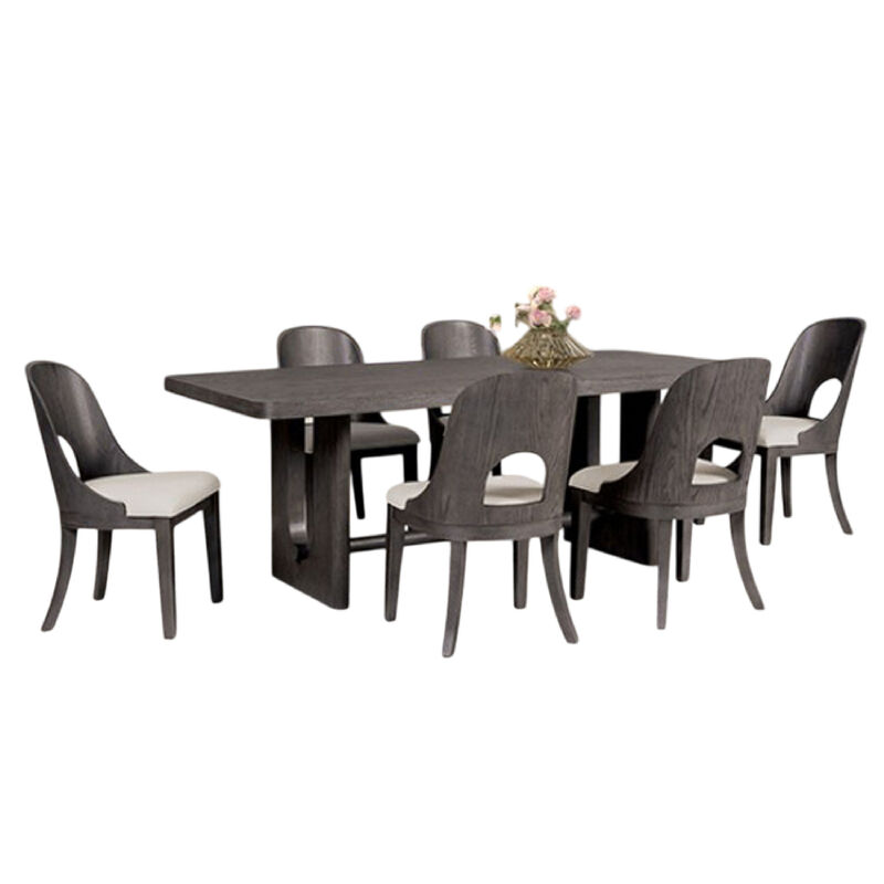 Zoko 7pc Dining Table Set, White Polyester Chairs, Ash Gray Rubberwood - Benzara