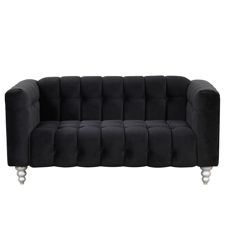 63" Modern Sofa Dutch Fluff Upholstered sofa with solid wood legs, buttoned tufted backrest, black