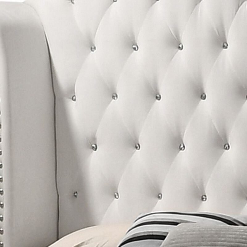 Dini Wingback Queen Bed, Crystal Button Tufting, White Velvet Upholstery - Benzara