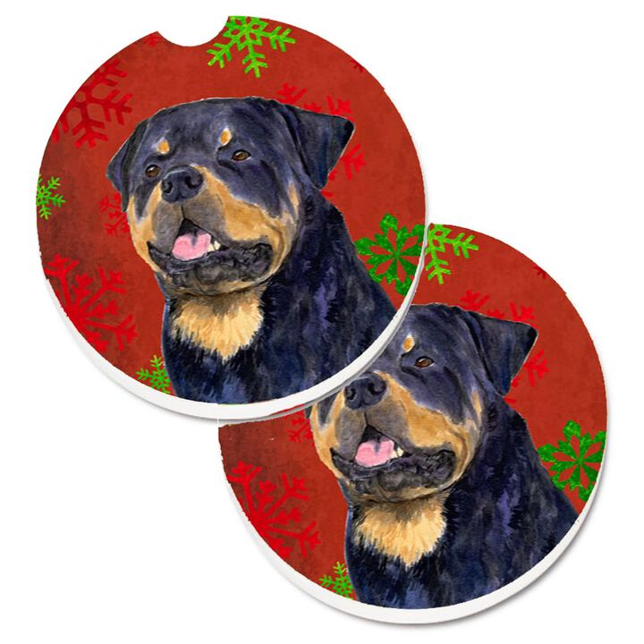 Caroline's Treasures Rottweiler Red & green Snowflakes Holiday Christmas Set of 2 Cup Holder Car Coasters SS4731CARC, 2.56, Multicolor