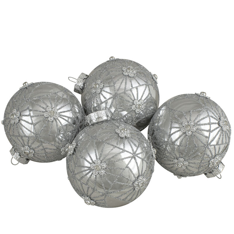 4ct Silver with Floral Gem Christmas Ball Ornaments 3.25-Inch (80mm) image number 1