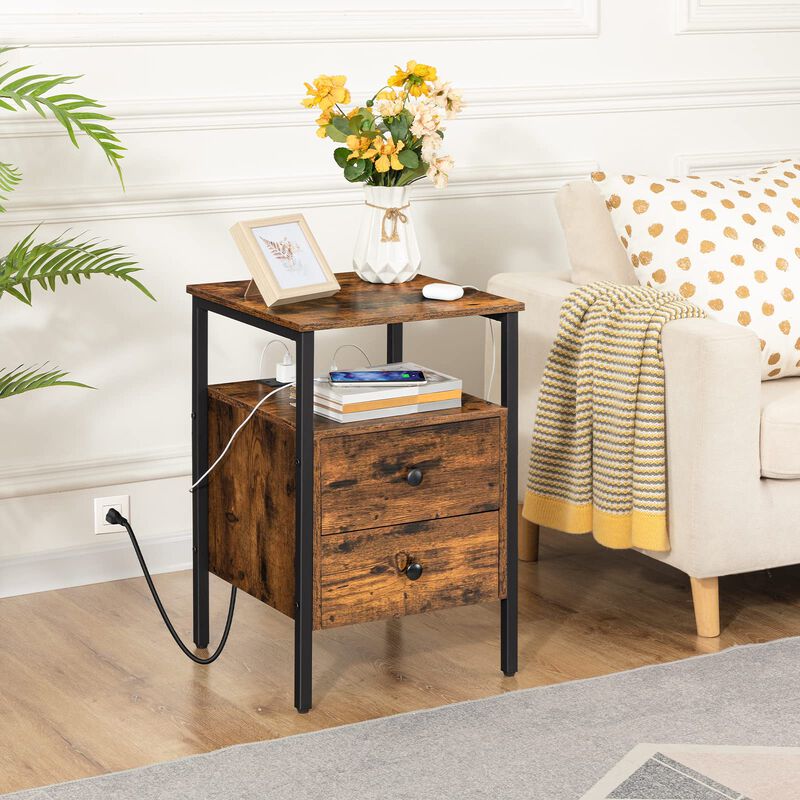HOOBRO End Table with Charging Station and USB Ports, Side Table with Drawers and Storage Shelf, Set of 2, Bedside Table for Sma