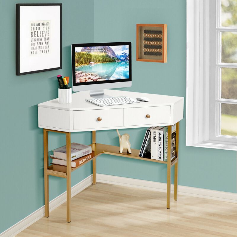 Space Saving Corner Computer Desk with 2 Large Drawers and Storage Shelf