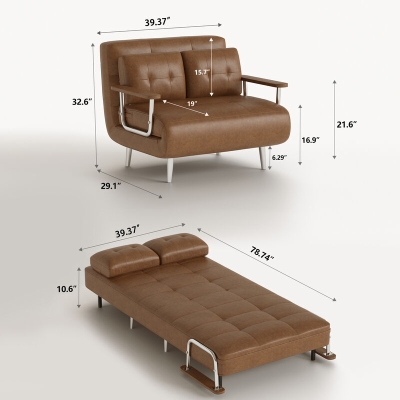 Leather Sofa Bed with Metal Legs for Living Room 39.37", Brown image number 8