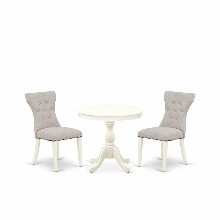 AMGA3-LWH-35 3 Pc Wood Dining Table Set - 1 Dining Table and 2 Doeskin Upholstered Chairs - Linen White Finish