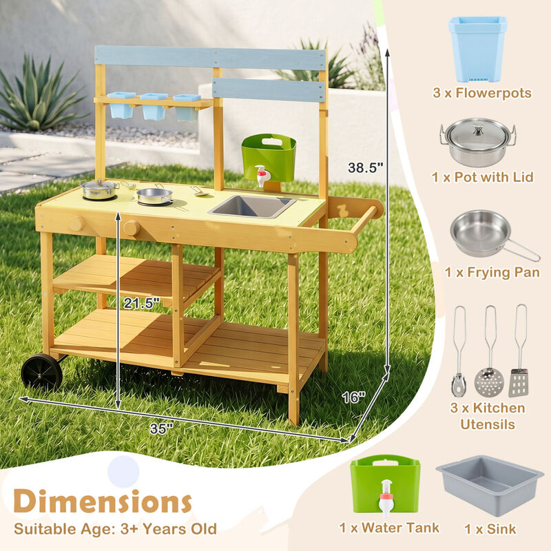 Outdoor Mud Kitchen for Kids with Flowerpots and Rolling Wheels image number 2