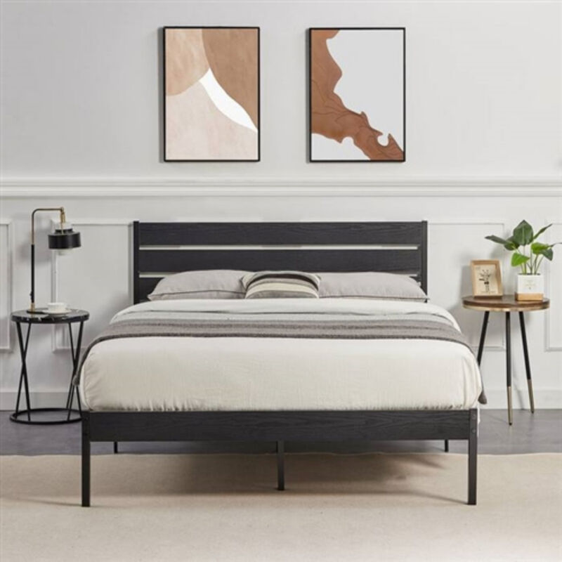 Industrial Platform Bed Frame with Slatted Wood Headboard image number 2