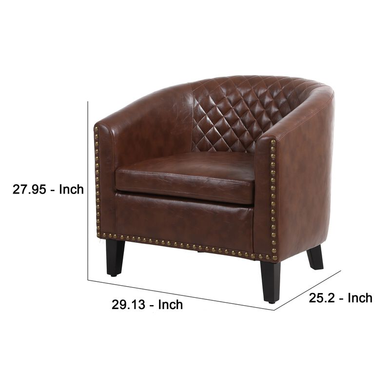 Leatherette Accent Chair with Nailhead Trim and Diamond Stitch, Brown-Benzara