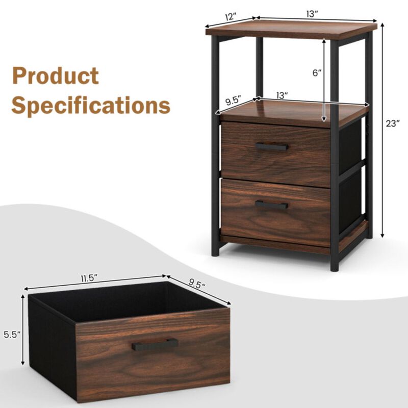 Hivvago 3-Tier Retro Nightstand with 2 Removable Fabric Drawers and Open Shelf-Walnut