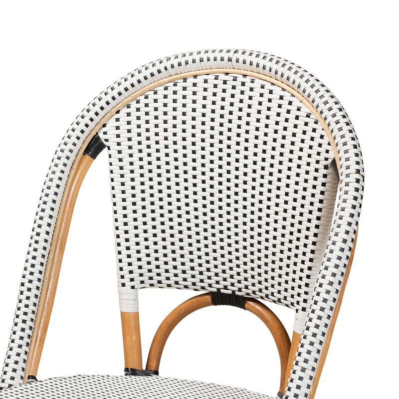 Baxton Studio Genica Classic French Black and White Weaving and Natural Brown Rattan Indoor and Outdoor Bistro Chair