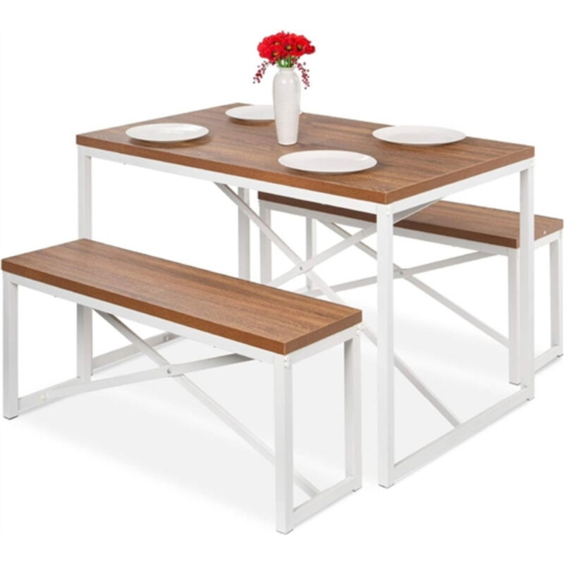 Modern Dining Table Set with Wood Top and Metal Frame Includes 2 Benches
