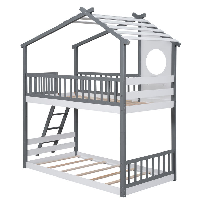 Twin Over Twin Bunk Bed Wood Bed with Roof, Window, Ladder, Gray