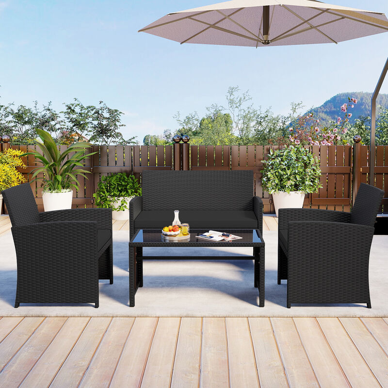 Outdoor 4 Piece Patio Furniture Set with Removable Cushions and Tempered Glass Table Top image number 3