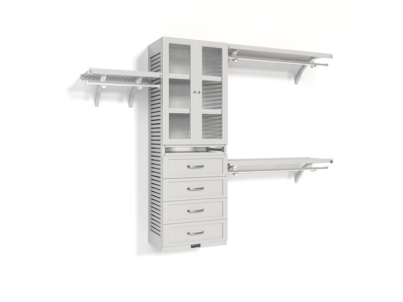 Solid Wood Walk-In Closet Organizer with 4 Shaker Style Drawers and Glass Doors