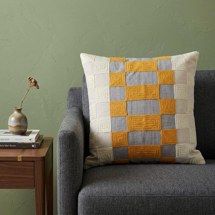 HomeRoots 20" Yellow and Gray Check Throw Pillow With Embroidery