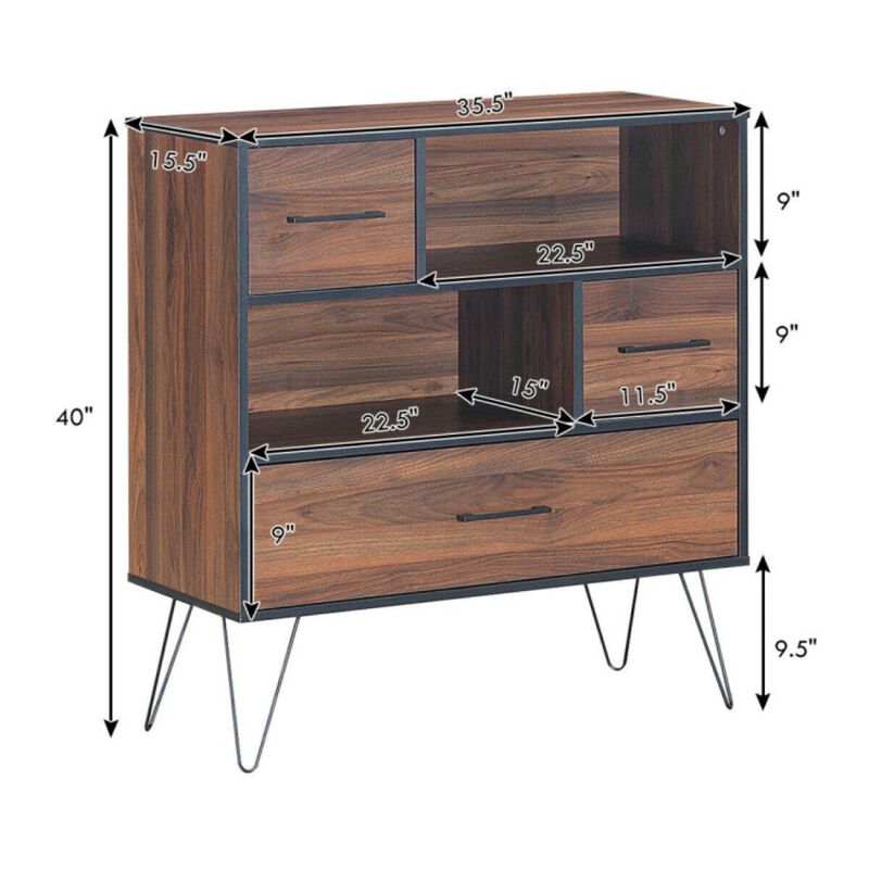 3-Tier Wood Storage Cabinet with Drawers and 4 Metal Legs - Walnut