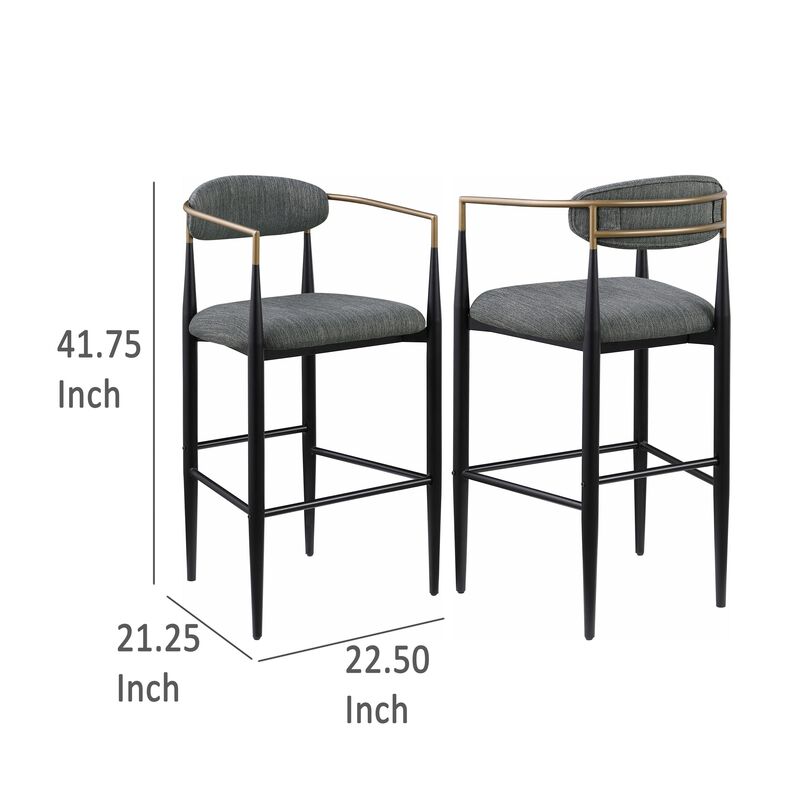 Tiara Bar Chair Set of 2, Gray Fabric, Gold, Black Metal 30 Inch - Benzara