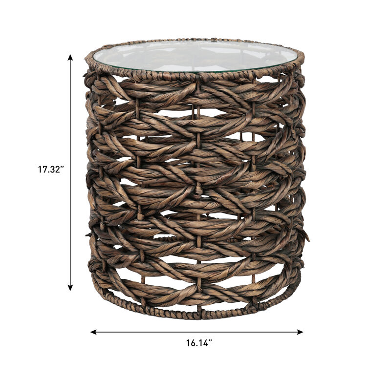 Malaya Bohemian Coastal Handwoven Water Hyacinth Open Weave Round End Table with Glass Top image number 3