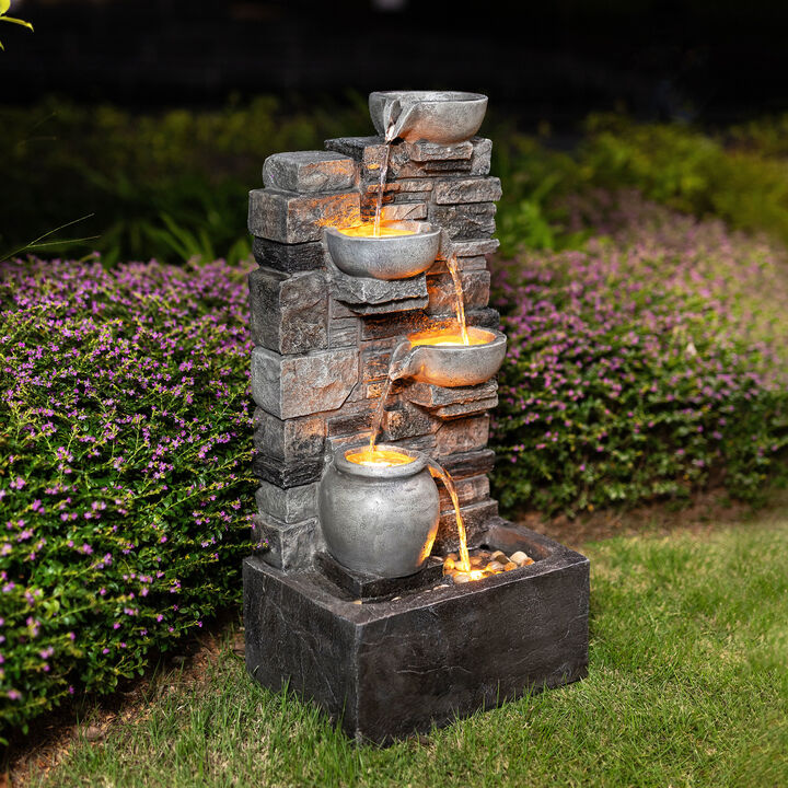 Outdoor 4-Tier Cascading Water Fountain with LED Lights, Gray