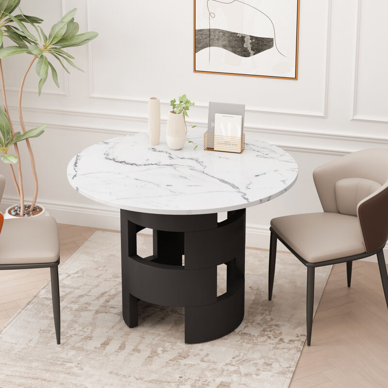 42.12" Modern Round Dining Table with Printed Black Marble Tabletop for Dining Room, Kitchen, Living Room, White+Black