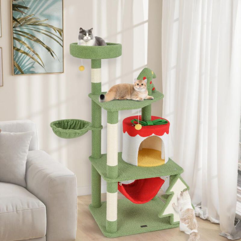 Hivvago Cute Christmas Cat Tree with Sisal Scratching Posts and Gift Box Shaped Condo