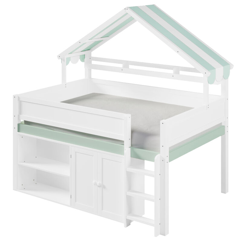Merax Full Size Loft Bed with Canopy Roof and Storage Cabinet image number 5