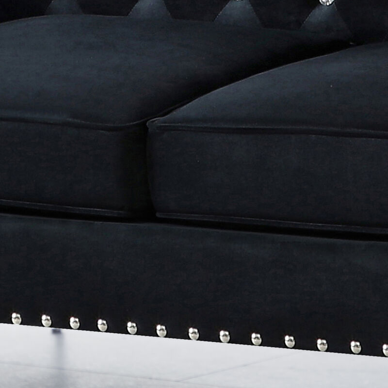 82.3" Width Modern Velvet Sofa Jeweled Buttons Tufted Square Arm Couch Black, 2 Pillows Included