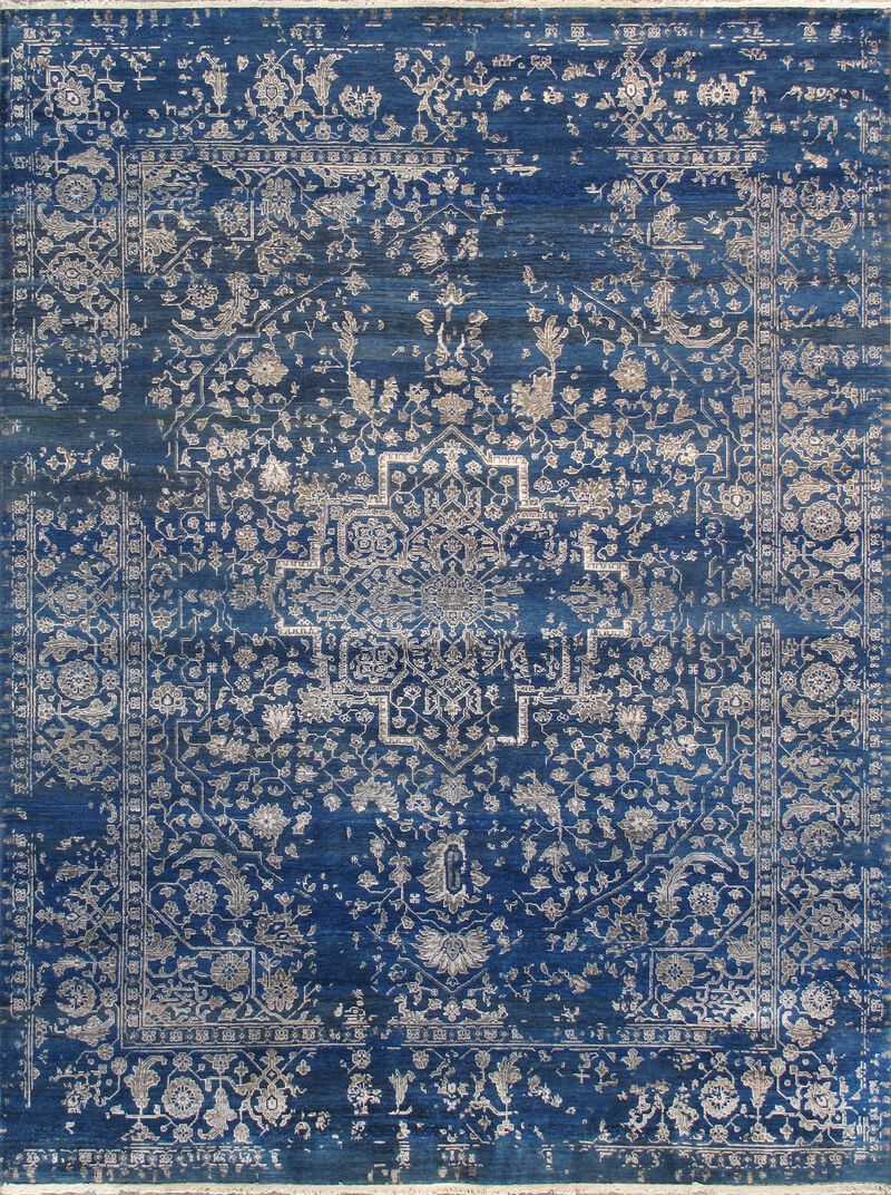 Pasargad Home Transitional Hand Knotted Bsilk & Wool Area Rug, 9' 0" X 11'10", Blue/Silver