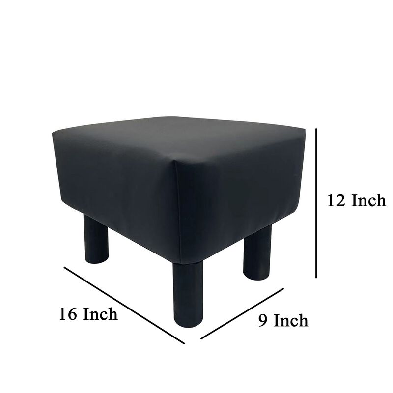 Ginni Footstool Ottoman Set of 2, Black Faux Leather, Soft Seat, Wood Legs - Benzara