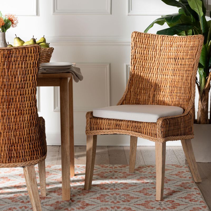 bali & pari Derris Natural Rattan Dining Chair with Cushion - Tall Wingback Side Chair with Solid Mango Wood Legs, Boho Coastal Style for Kitchen or Dining Room Seating