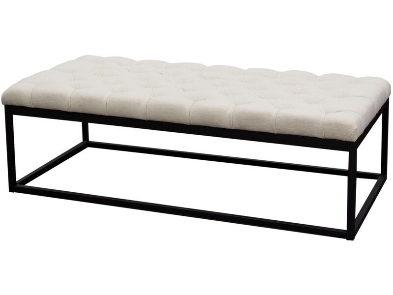 Linen Upholstered Button Tufted Bench with Open Metal Base, Large, Beige and Black - Benzara